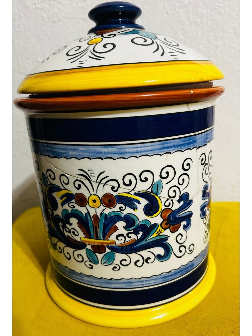 Vintage Ricco Deruta Style Canister Jar Lid Portugal Ceramic Reglued